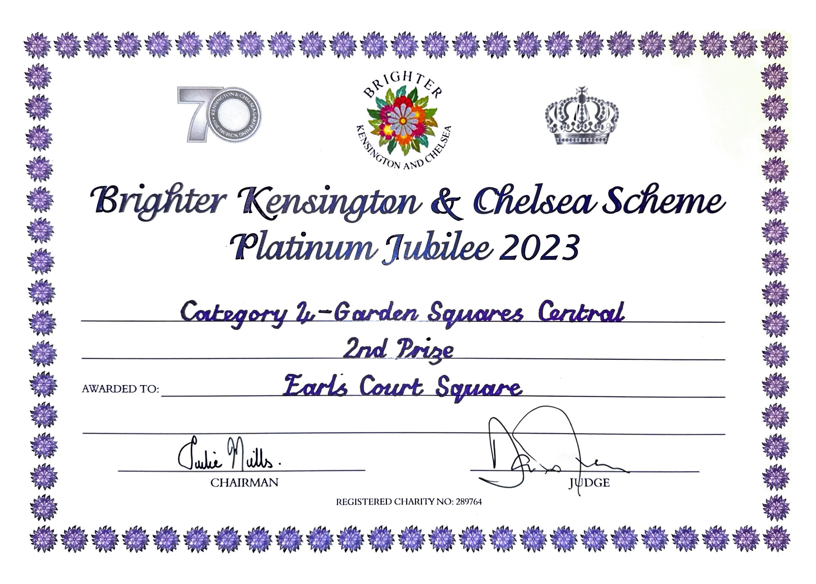 Brighter Kensington & Chelsea Scheme 2023 award certificate