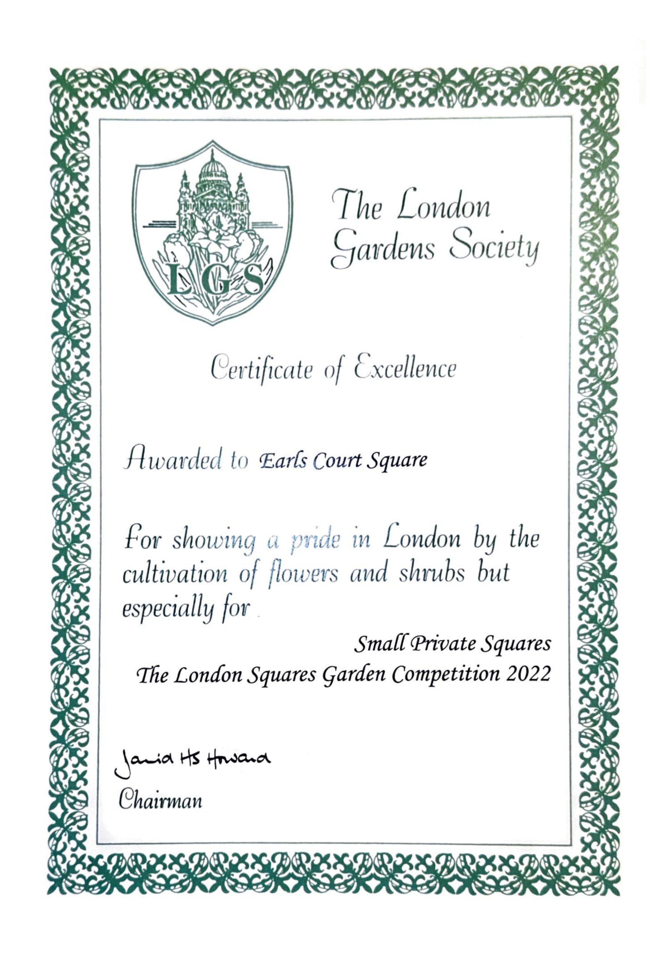 London Garden Squares certificate 2022